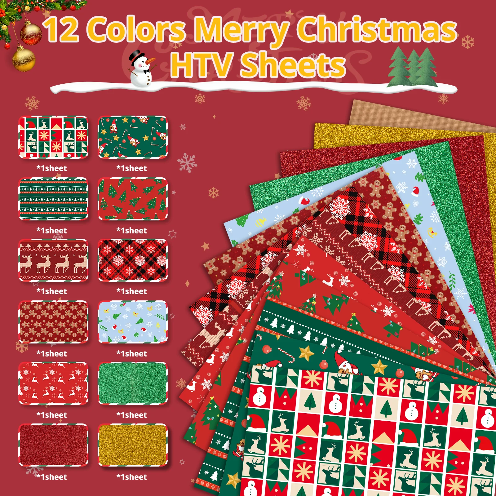 2025 New Models Christmas Patterned Heat Transfer Vinyl Bundle - 13 Sheets 12"x10" - Image 3