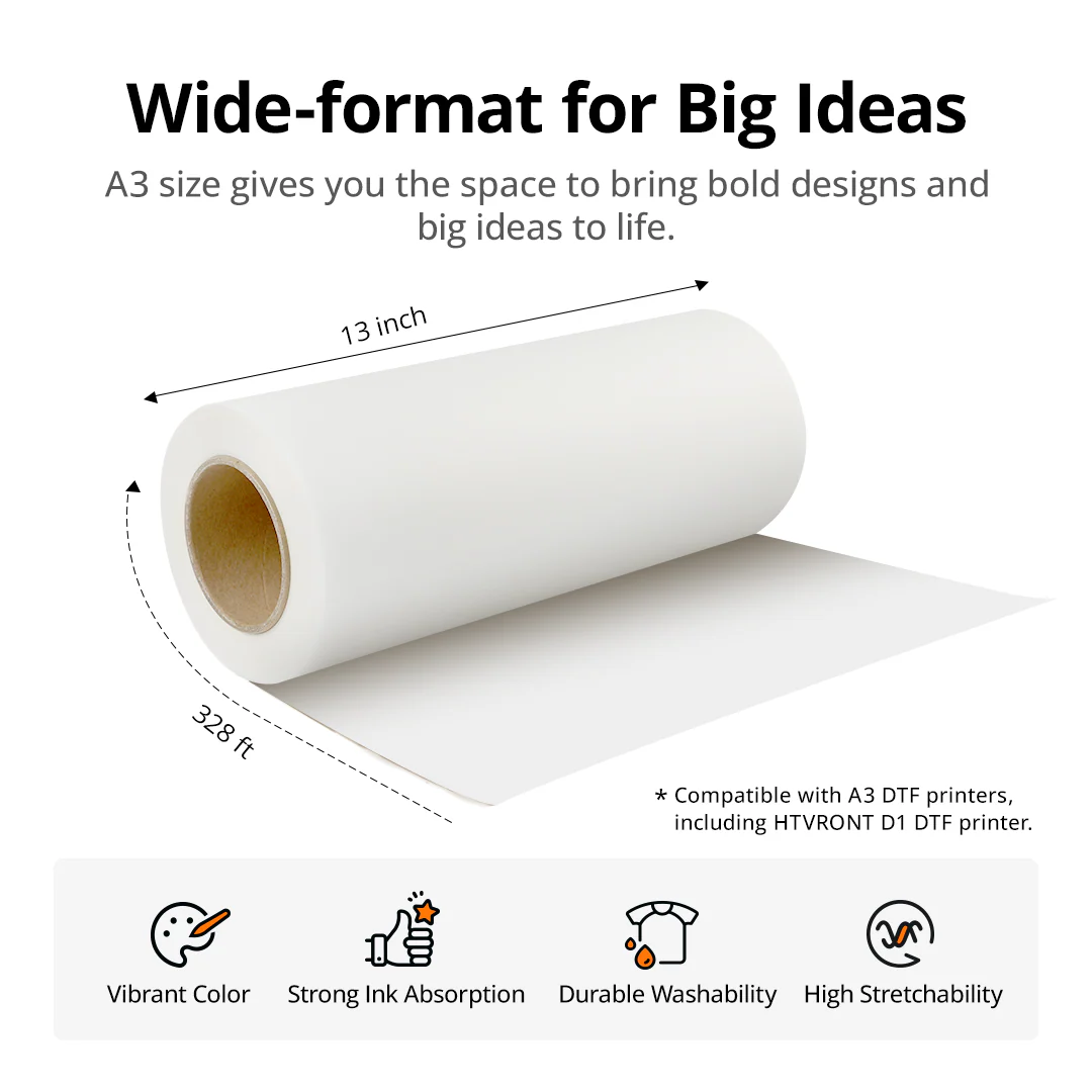 HTVRONT DTF Transfer Film Roll 13 Inch x 328 FT——fit for A3 DTF Printer - Image 4